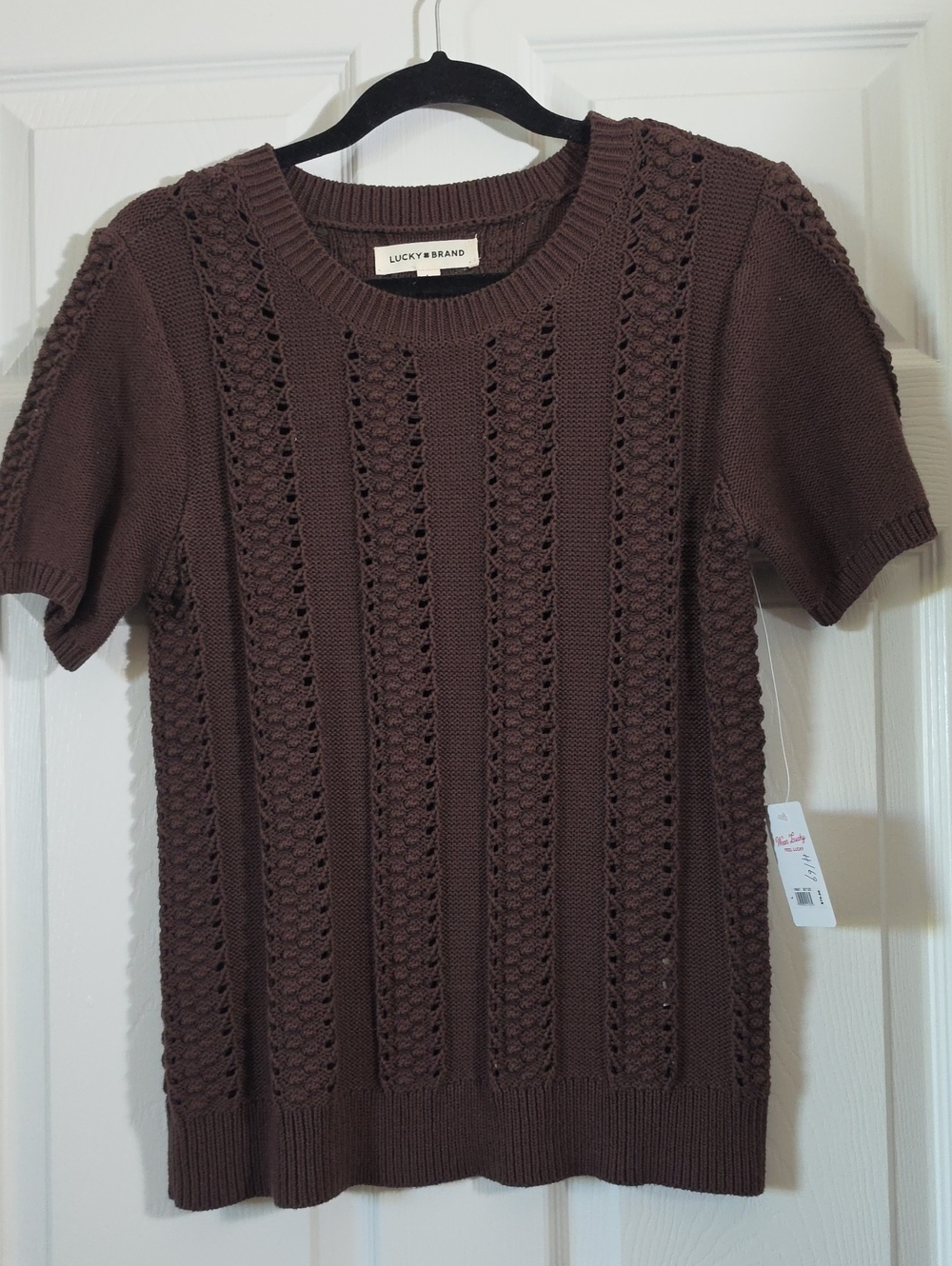 Lucky Brand Women's Chocolate Brown Short Sleeve Knit Crew Sweater